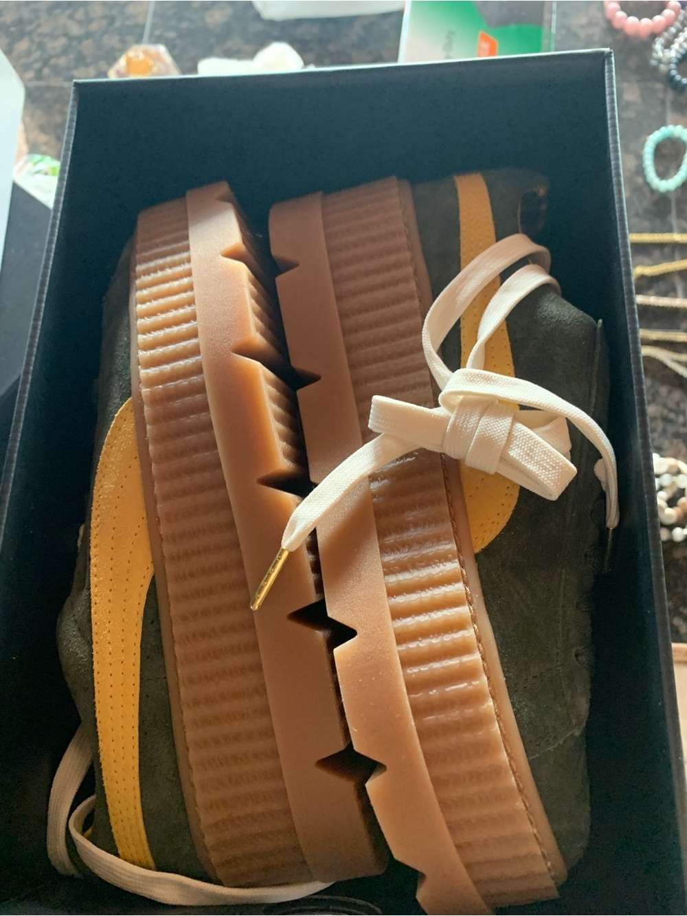Puma Fenty women’s creeper Platform Sneaker in Olive Green and Yellow size 8.5